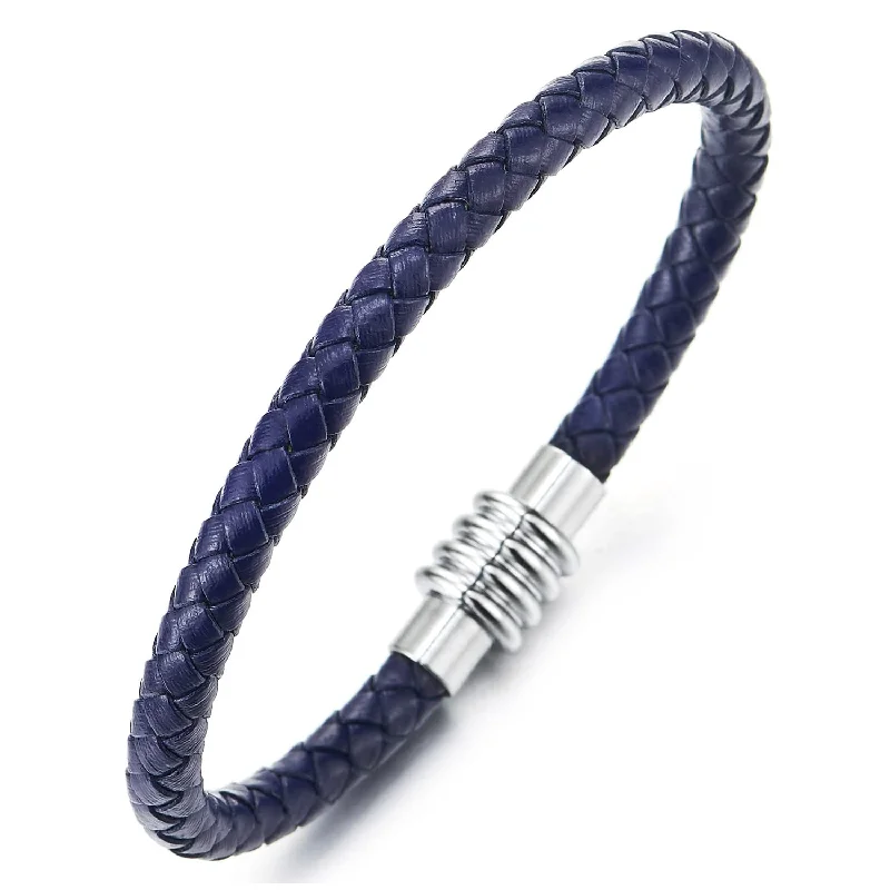 Mens Womens Braided Blue Leather Bangle Bracelet with Magnetic Clasp