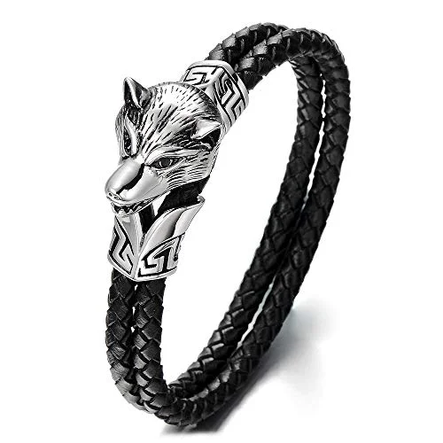 Stainless Steel Mens Wolf Head Bracelet with Genuine Braided Leather