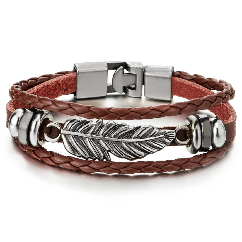 Vintage Feather Leaf Dark Brown Braided Leather Bracelet for Men Women, Three-Row Leather Wristband