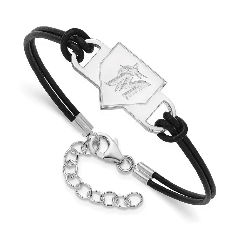 Sterling Silver MLB Miami Marlins Homeplate Leather Bracelet, 7 Inch