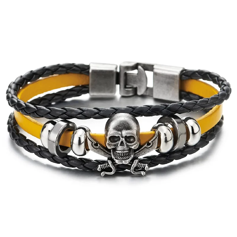 Mens Women Sword Pirate Skull Yellow Braided Leather Bracelet Multi-Strand Wristband Bracelet