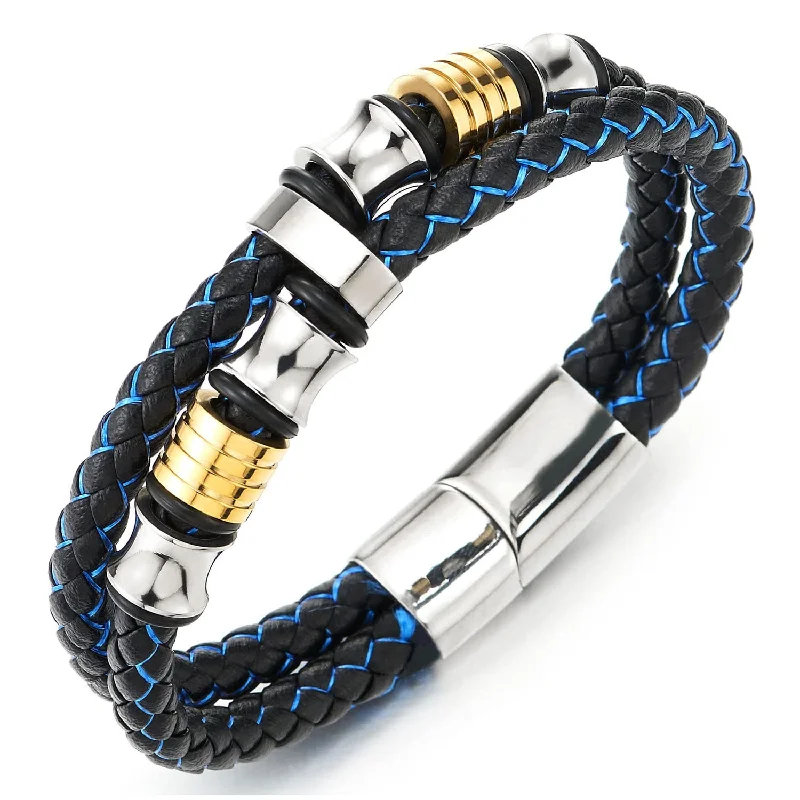 Mens Double-Row Black Blue Braided Leather Bracelet Bangle Wristband, Silver Gold Steel Ornaments