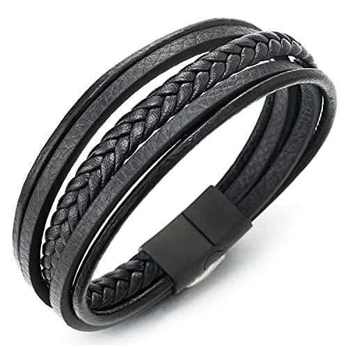 Mens Womens Multi-Strand Black Braided Leather Bracelet Wrap Wristband, Steel Black Magnetic Clasp