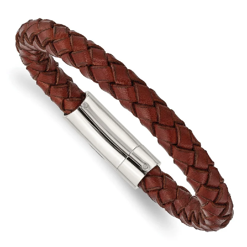 8mm Stainless Steel, Light Tan or Brown Leather Woven Bracelet, 8.5 In