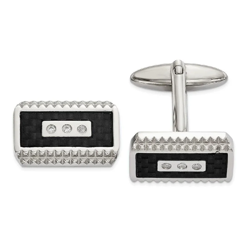 Stainless Steel Polished Black Carbon Fiber Inlay with CZ Cufflinks