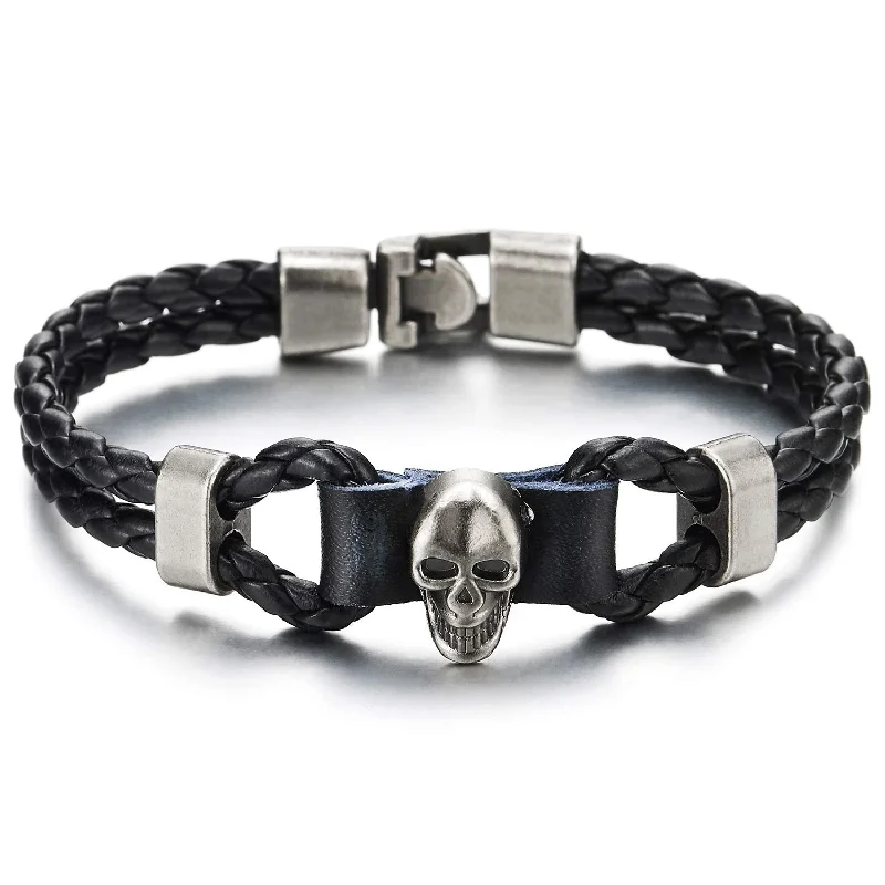 Mens Women Two-Row Black Braided Leather Knot Wristband Bangle Bracelet with Grey Skull Charm