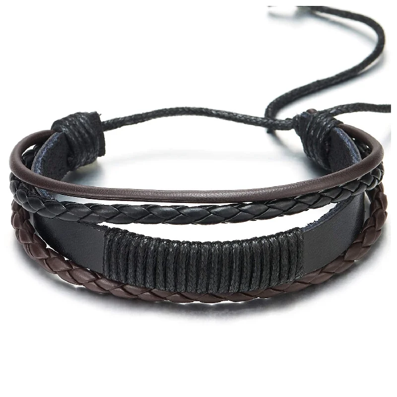 Men Women Multi-Strand Black Brown Braided Leather Wrap Bracelet with Black Cotton Rope, Adjustable