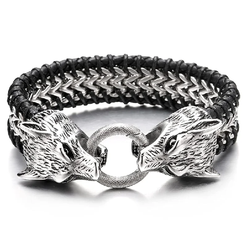 Mens Steel Franco Link Chain Interwoven Black Leather Bracelet Double Wolf Heads Spring Ring Clasp