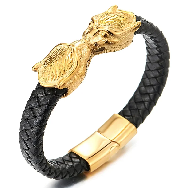 Mens Stainless Steel Gold Color Two Wolf Head Black Braided Leather Bangle Bracelet, Magnetic Clasp