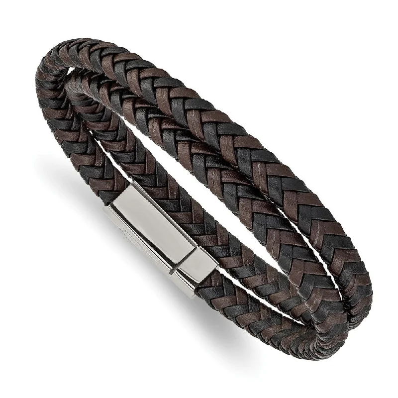 6mm Stainless Steel Two Tone Leather Braided Wrap Bracelet, 15.75 Inch