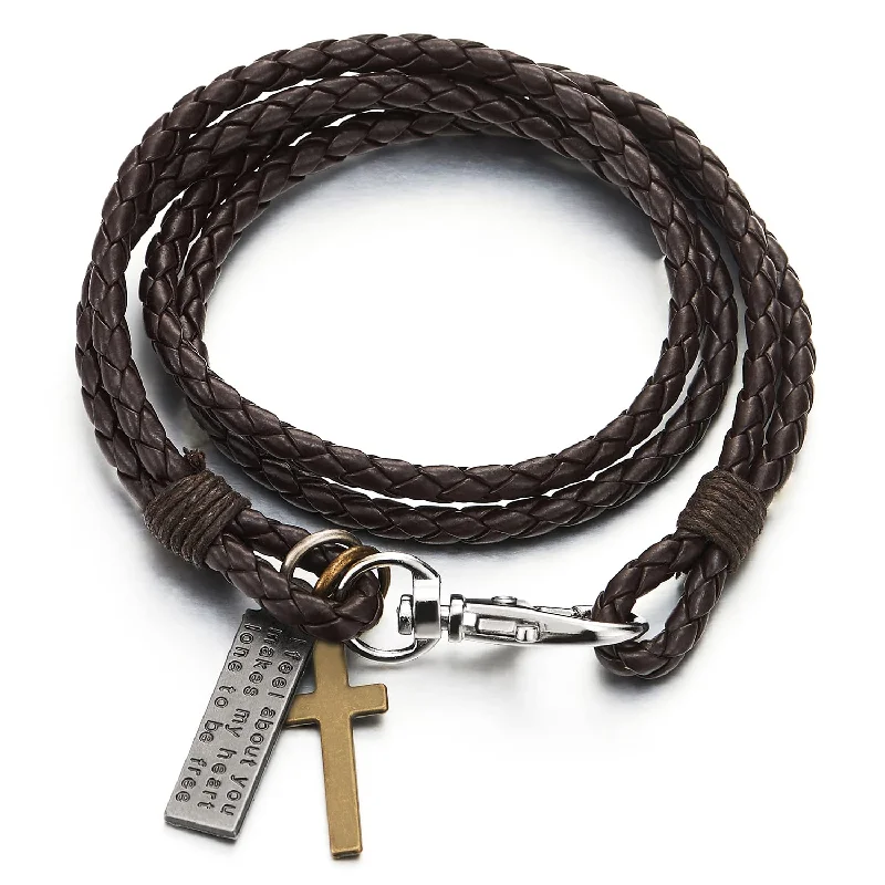 Mens Womens Two-Lap Braided Brown Leather Wrap Bracelet with Cross and Lobster Claw Clasp