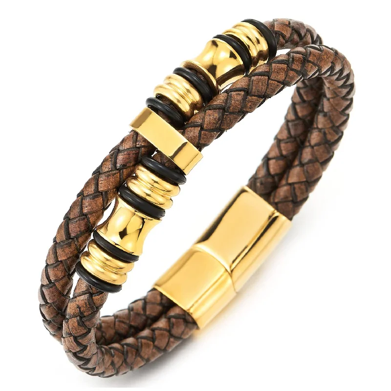 Men Double-Row Rough Rusty Brown Braided Leather Bracelet Bangle Wristband with Gold Steel Ornament