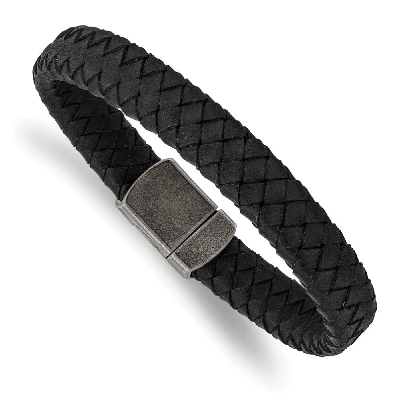 11mm Antiqued Stainless Steel & Black Leather Woven Bracelet, 8.25 In