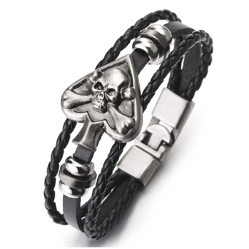 Mens Women Aged Silver Spade Skull Three-strand Braided Black Leather Bracelet Bangle, Punk Vintage