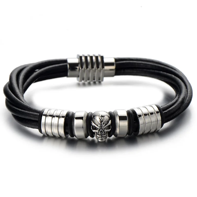 Mens Skull Black Leather Bracelet Genuine Leather Wristband Bangle with Stainless Steel Magnetic Clasp