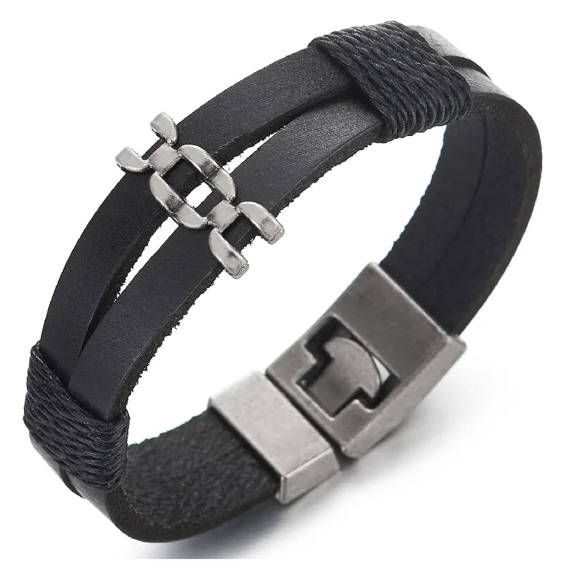 Mens Womens Two-strand Black Leather Bangle Bracelet with Charm and Cotton Rope Hook Buckle Clasp