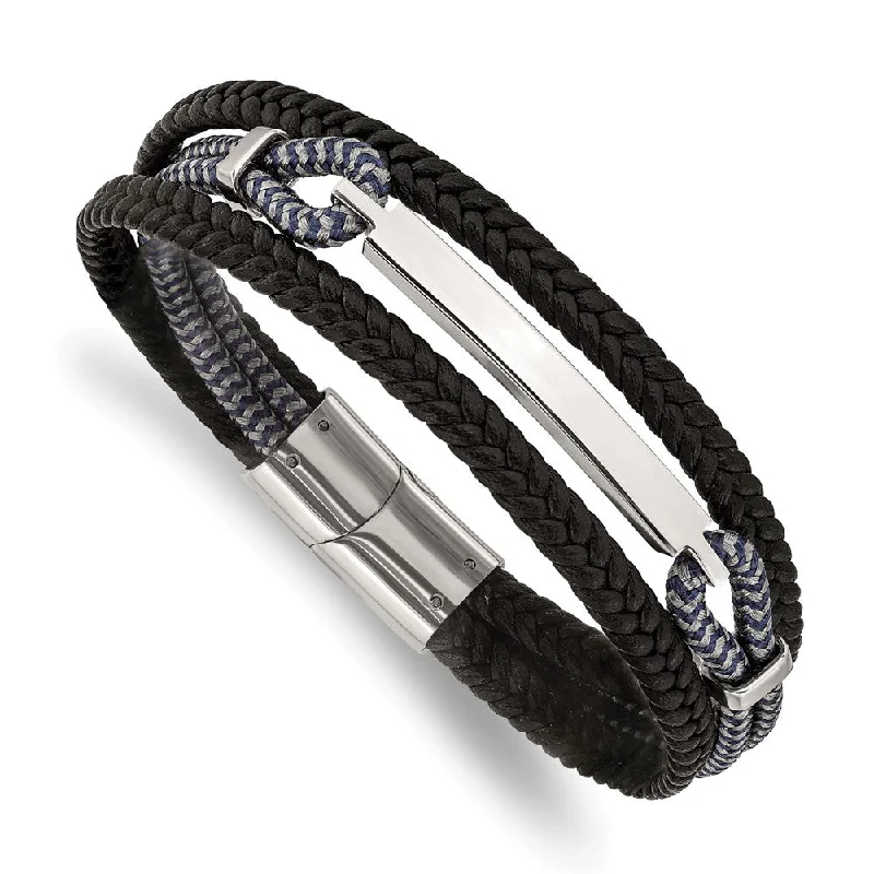 Stainless Steel Leather & Cotton Multi Strand I.D. Bracelet, 8.25 Inch