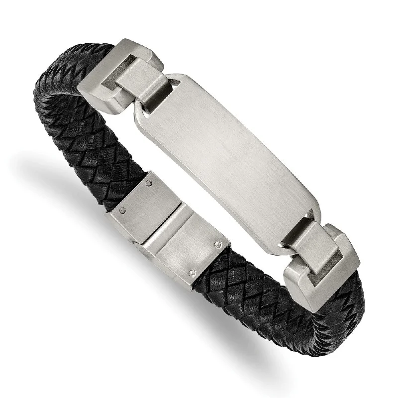 Men's Stainless Steel & Black Leather Brushed I.D. Bracelet, 8.5 Inch