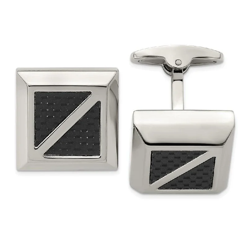 Stainless Steel Polished with Black Carbon Fiber Inlay Square Cufflinks