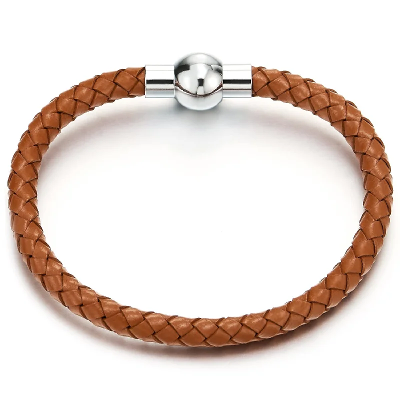 Mens Women Brown Braided Leather Bracelet Genuine Leather Bangle Wristband with Magnetic Clasp Thin