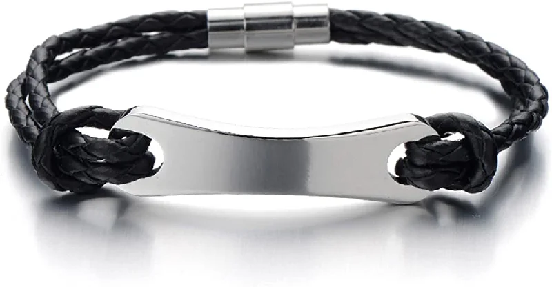 Mens Women Steel ID Identity Bracelet with Genuine Braided Leather Bangle Bracelet Wristband