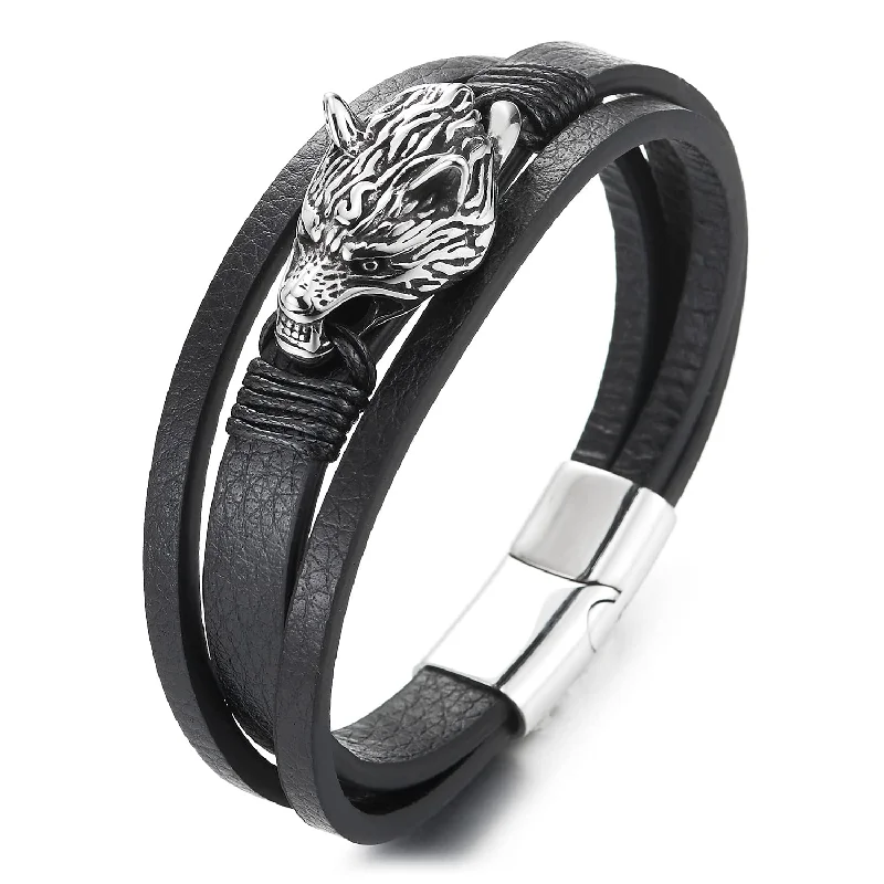 Men Steel Vintage Wolf Head Three-Strand Black Braided Leather Bangle Wristband Bracelet