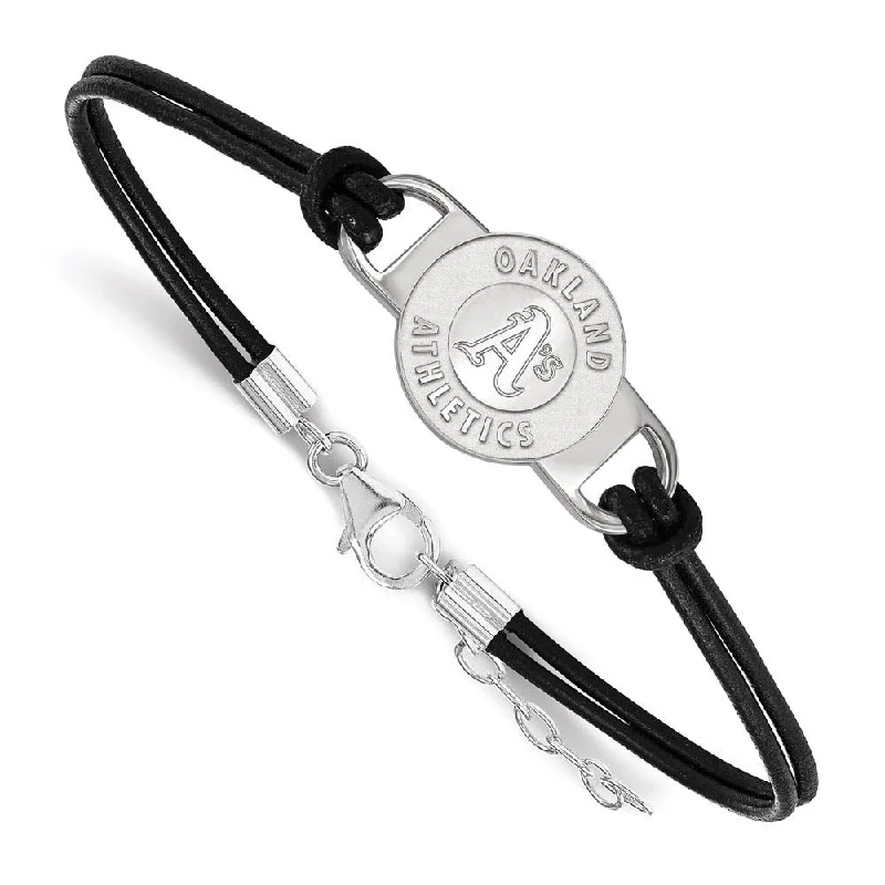 Sterling Silver Rhodium MLB Oakland Athletics Leather Bracelet, 7 Inch