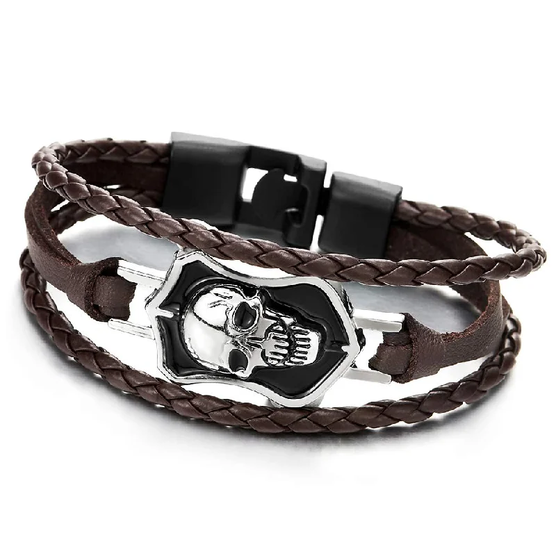 Men Silver Black Shield Skull Brown Braided Leather Bracelet Multi-Strand Leather Wristband Bracelet