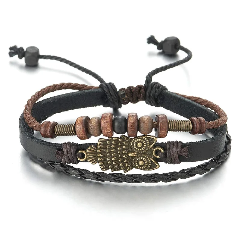 Mens Womens Multi-Strand Braided Leather Cotton Strap Bracelet with Owl and Beads Charms