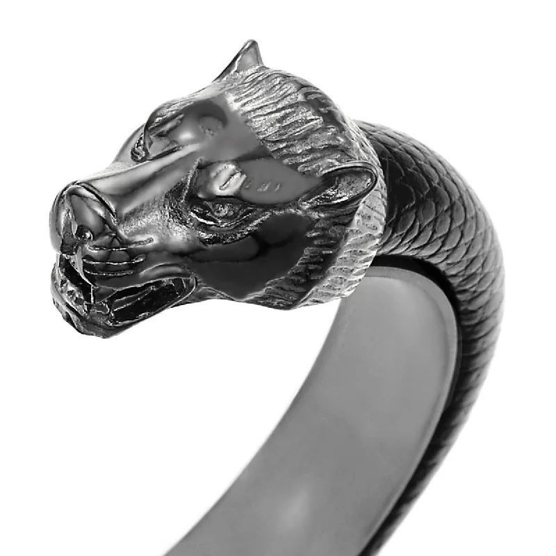 Mens Grey Black Steel Wolf Head Open Cuff Bangle Bracelet with Black Leather, Elastic Adjustable