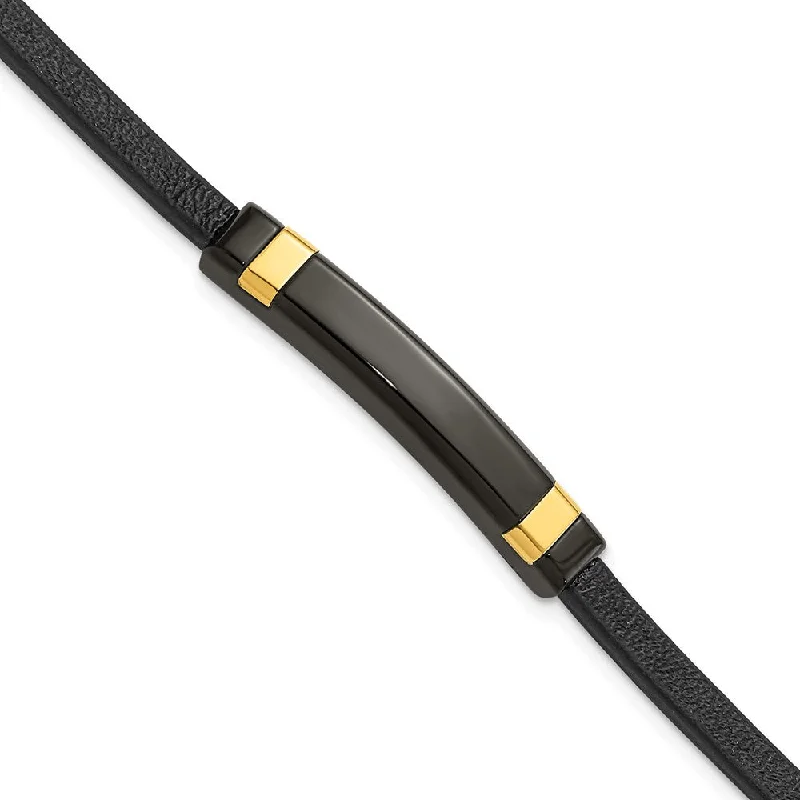 Black & Gold Tone Plated Stainless Steel Leather I.D. Bracelet, 8.5 In