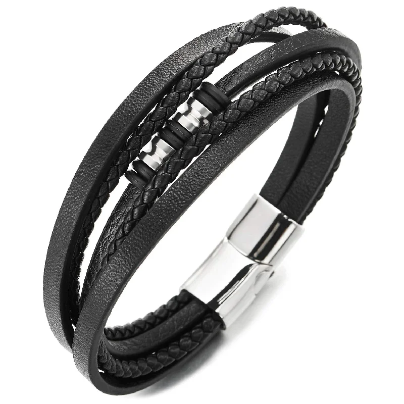 Mens Women Multi-Strand Black Braided Leather Bracelet Bangle with Steel Silver Bead Charms