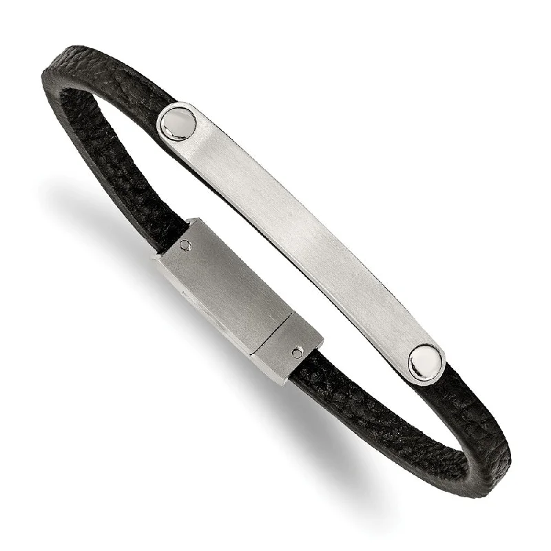 Brushed Stainless Steel, Black or Brown Leather I.D. Bracelet, 8.25 In