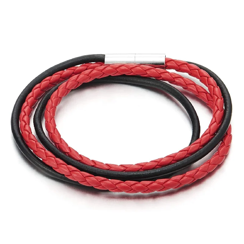 Two Strand Double Wrap Mens Women Braided Bracelet Genuine Black Red Leather with Magnetic Clasp