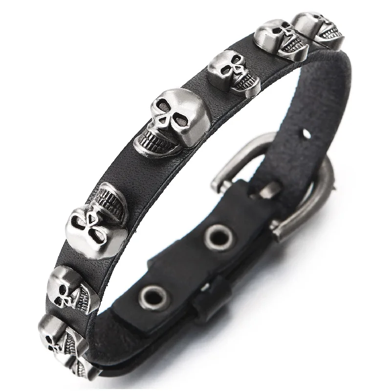 Men Women Gothic Punk Black Leather Bracelet Bangle with Vintage Skulls Charms, Buckle Clasp