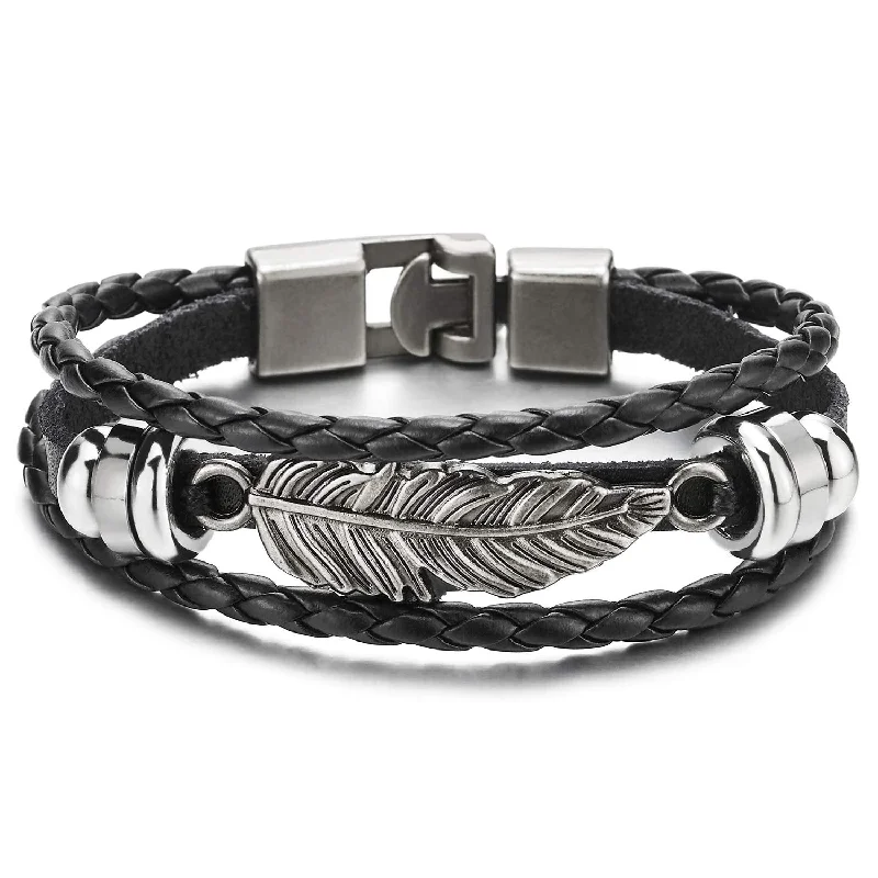 Vintage Feather Leaf Black Braided Leather Bracelet for Men Women, Three-Row Leather Wristband