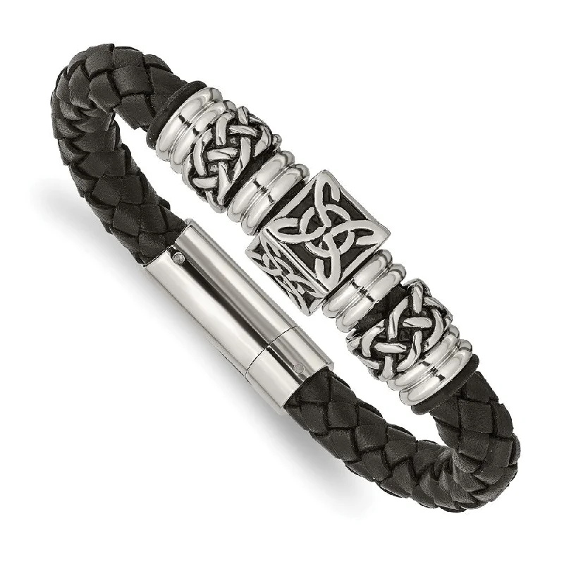 Stainless Steel & Black Leather 14mm Celtic Knot Bracelet, 8.5 Inch