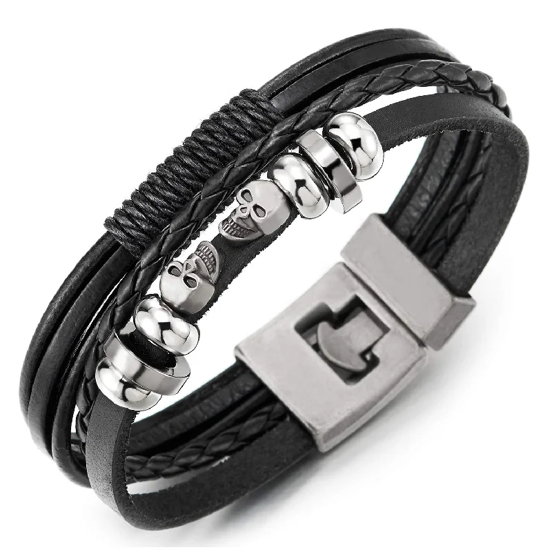 Mens Women Multi-Strand Black Braided Leather Bracelet with Skull Beads Charm and Cotton Rope String