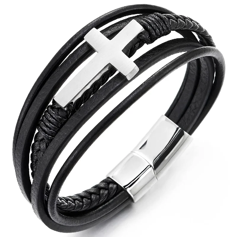 Mens Women Steel Horizontal Sideway Lateral Flat Cross Multi-Strand Black Leather Bangle Bracelet