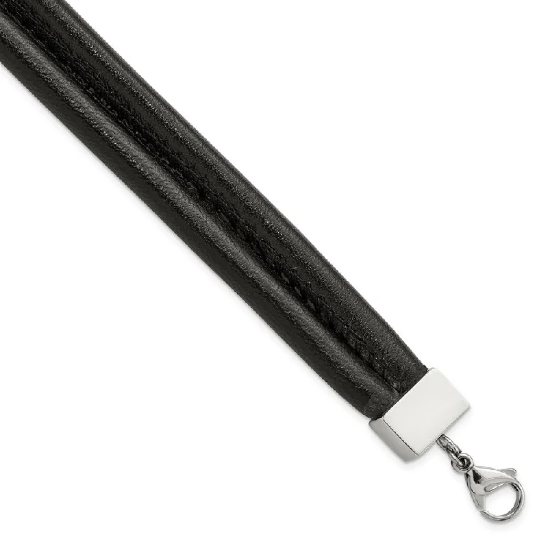 Men's Black Leather Cord & Stainless Steel Double Row Bracelet, 8.5 In