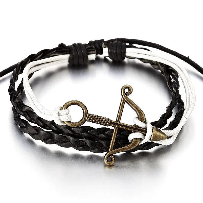 Mens Womens Bow and Arrow Black White Leather Cotton Wrap Bracelet Wristband