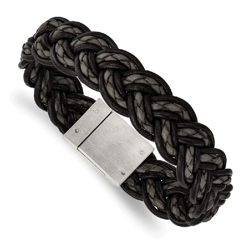 Men's 17mm Woven Black & Gray Leather Stainless Steel Bracelet, 8.5 In