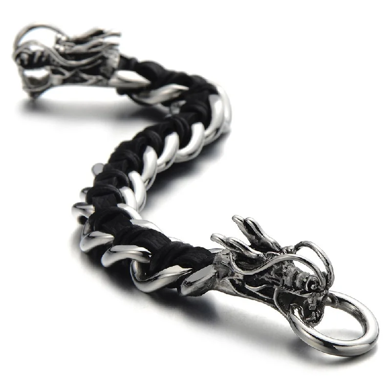 Stainless Steel Mens Dragon Curb Chain Bracelet Interwoven with Black Genuine Leather Strap