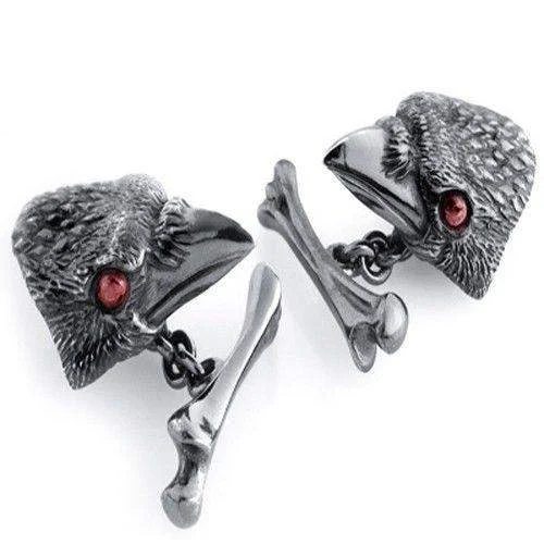 Crow with Garnet Eyes Silver Cufflinks