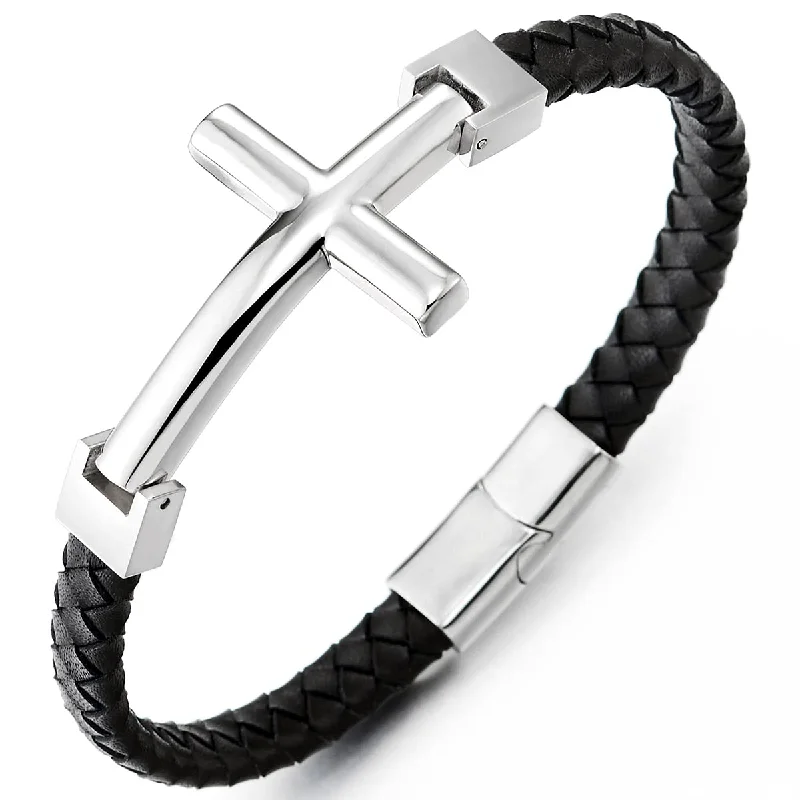 Men Women Stainless Steel Horizontal Sideway Lateral Cross Black Braided Leather Bangle Bracelet