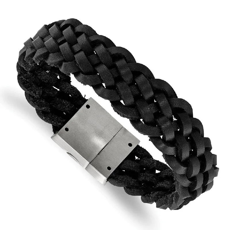 15mm Stainless Steel Black or Brown Leather Braided Bracelet, 8.5 Inch