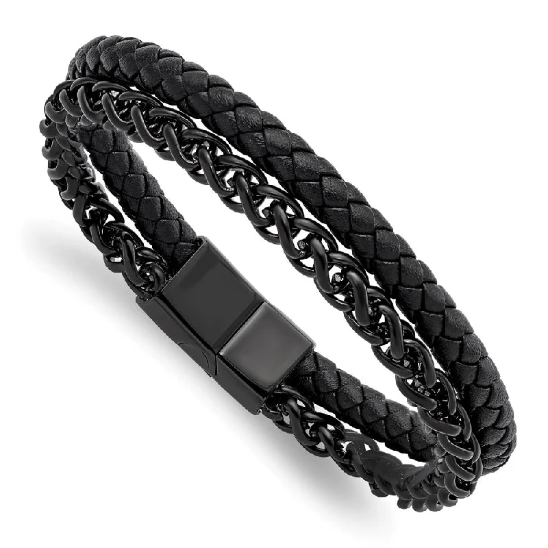 Black Plated Stainless Steel & Black Leather Strand Bracelet, 8.5 Inch