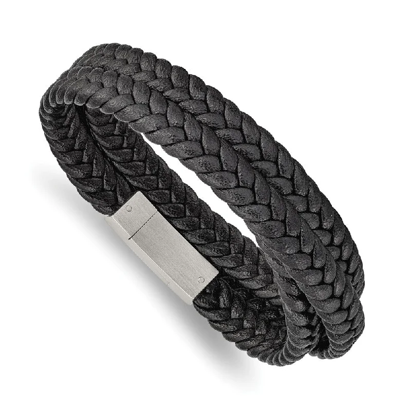 8mm Stainless Steel & Black Leather Braided Wrap Bracelet, 23 Inch