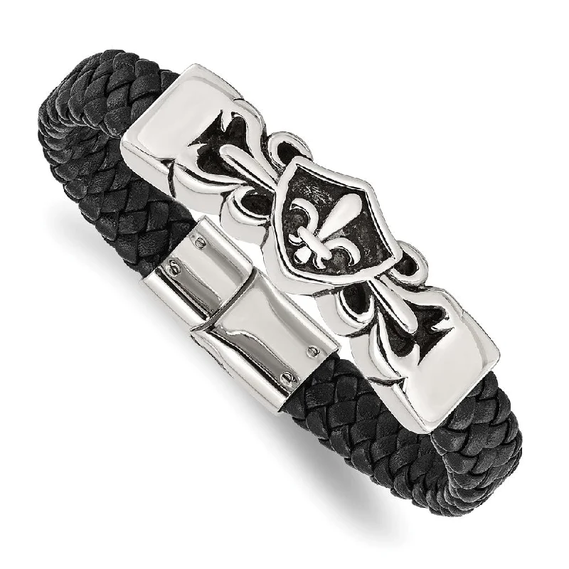 Stainless Steel & Black Leather Fleur de Lis Shield Bracelet, 8.25 In