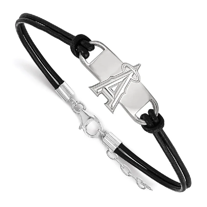 Sterling Silver Rhodium MLB Los Angeles Angels Leather Bracelet 7 In